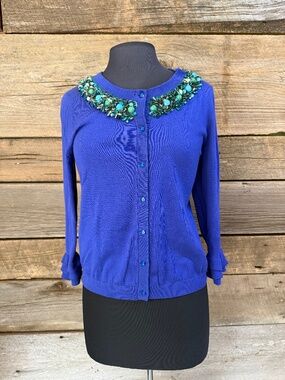 Kate Spade Button up cardigan with beaded neckline, royal blue, medium
